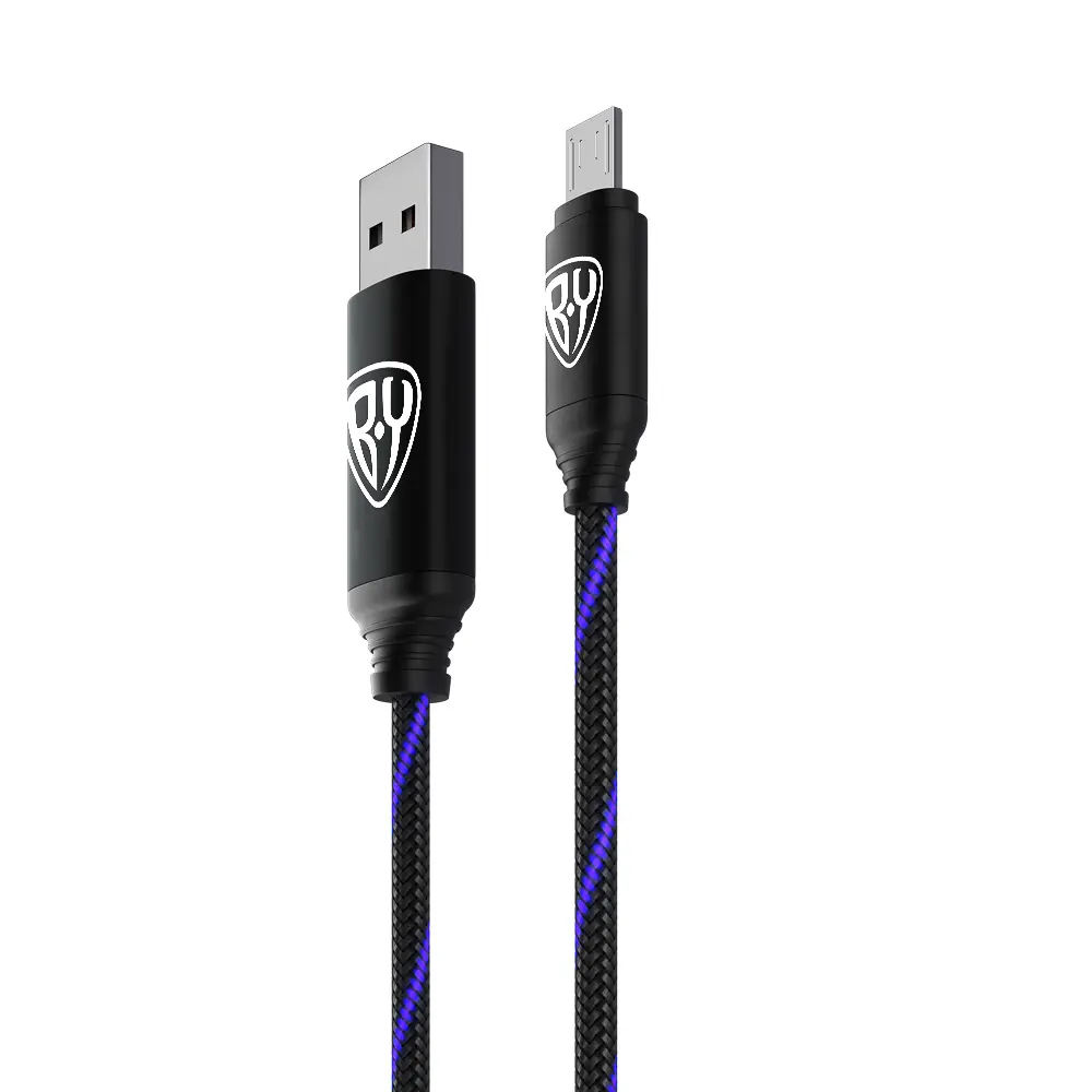 Кабель для зарядки USB(A)-microUSB BY Армированный, 1м, 3А, быстр зар QC3.0, LED подсветка синяя - #3
