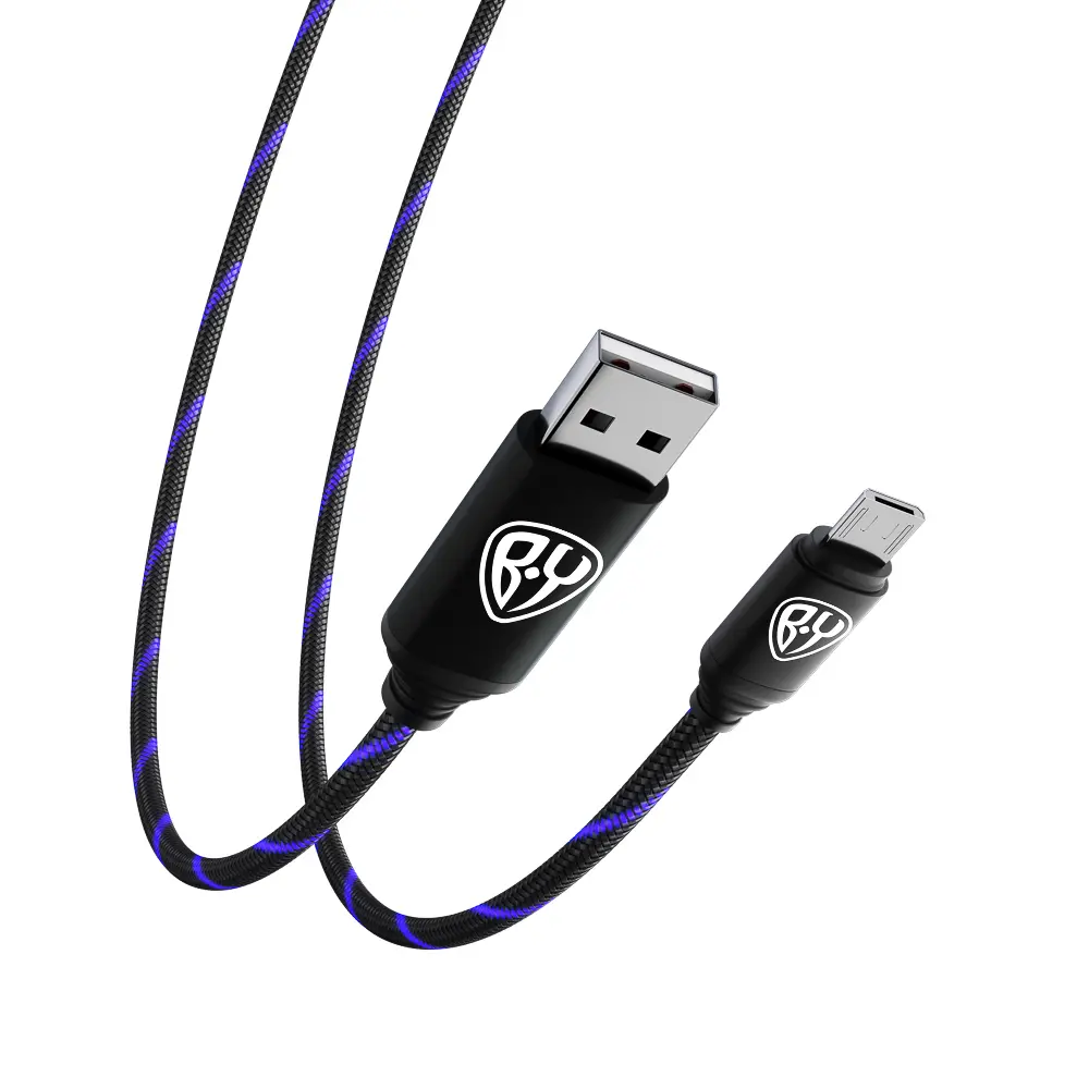 Кабель для зарядки USB(A)-microUSB BY Армированный, 1м, 3А, быстр зар QC3.0, LED подсветка синяя - #5