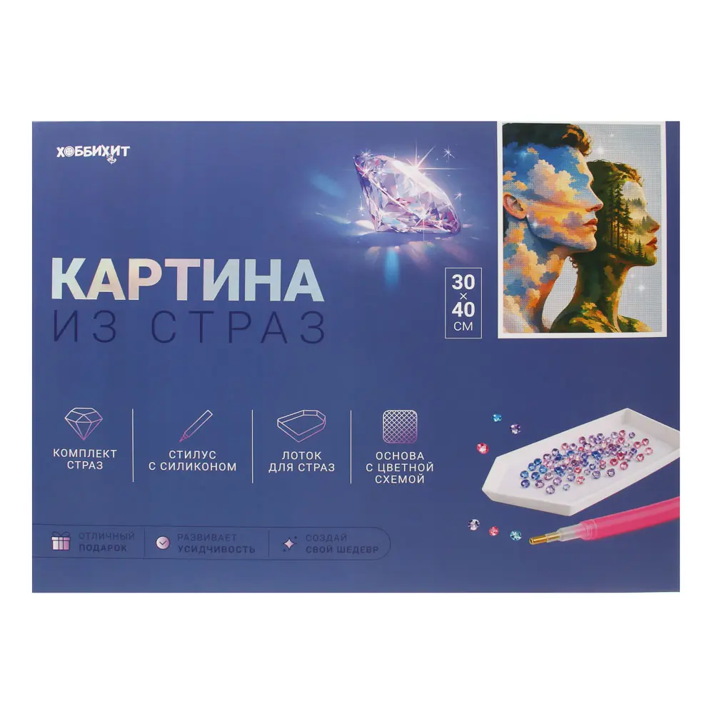 ХОББИХИТ Картина из страз, комплект: твердая основа, стразы, стилус, 30х40см, 5-10 дизайнов - #1