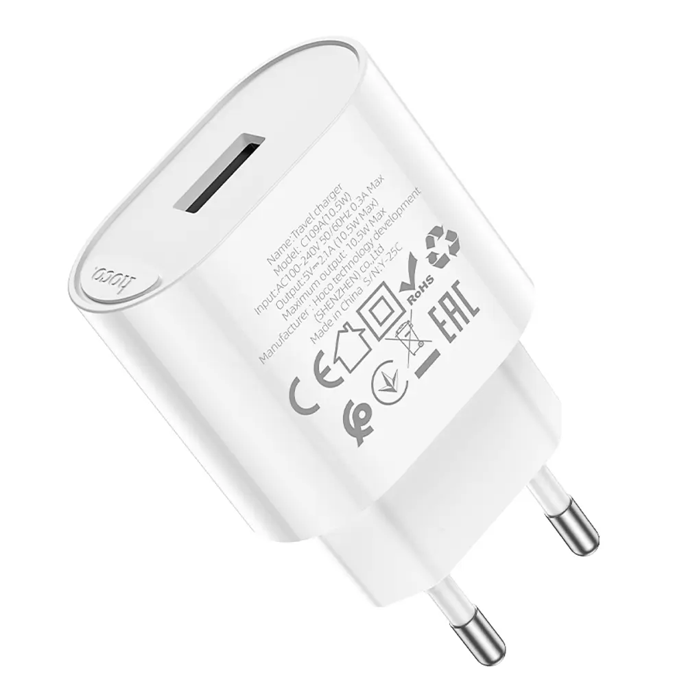 Сетевое зарядное устройство hoco. модель C109A, USB-A 10.5W, цвет: белый - #7