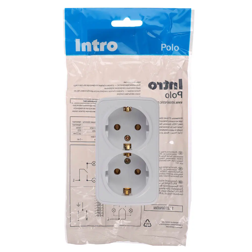Розетка двойная открытой установки с заз. Intro Polo/Quadro 2х2P+E Schuko 16А-250В, IP20, белая - #4