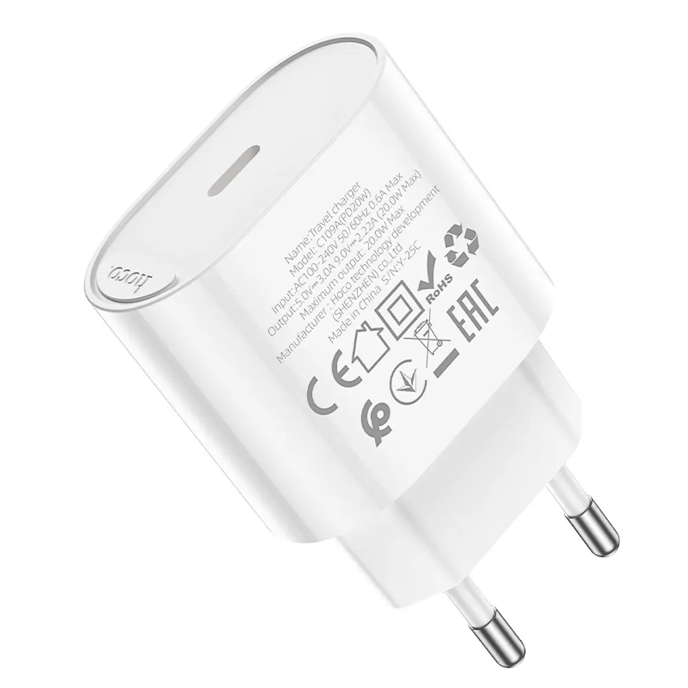 Сетевое зарядное устройство hoco. модель C109A, USB-С PD 20W, цвет: белый - #7