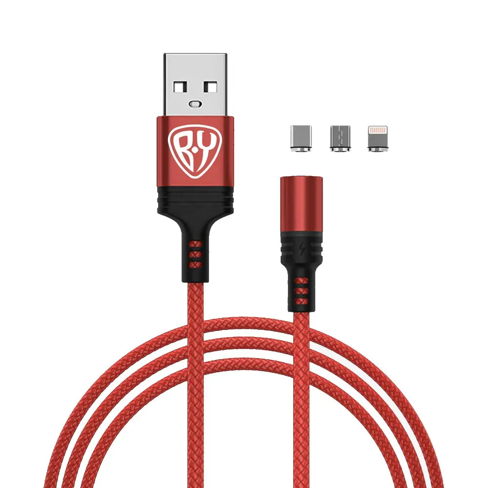 Кабель для зарядки 3в1 iP/microUSB/Type-C BY Магнитный, 1м, 2.1А, красный - #1