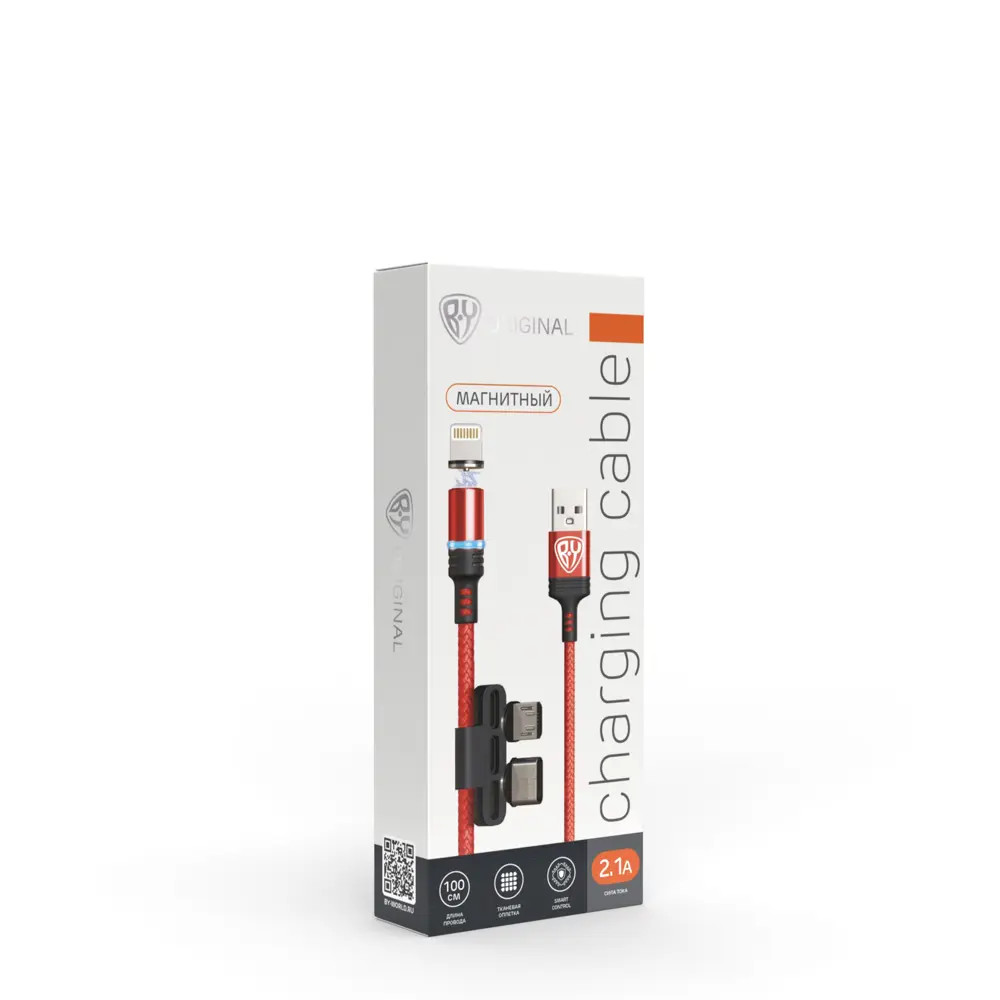 Кабель для зарядки 3в1 iP/microUSB/Type-C BY Магнитный, 1м, 2.1А, красный - #2