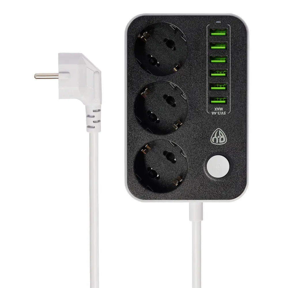 Удлинитель 3 гнезда 2м BY, 6xUSB 3.4А суммарно, 16А, 3000Вт - #1