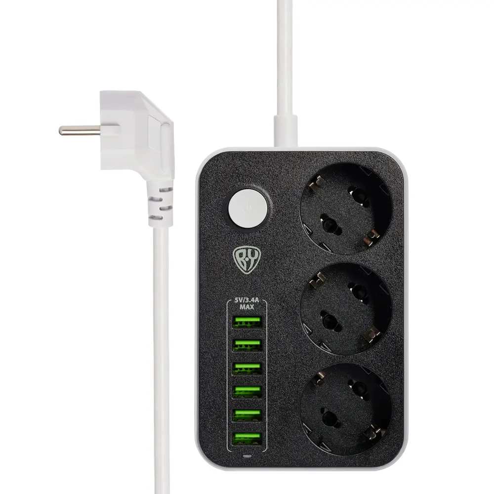 Удлинитель 3 гнезда 2м BY, 6xUSB 3.4А суммарно, 16А, 3000Вт - #3