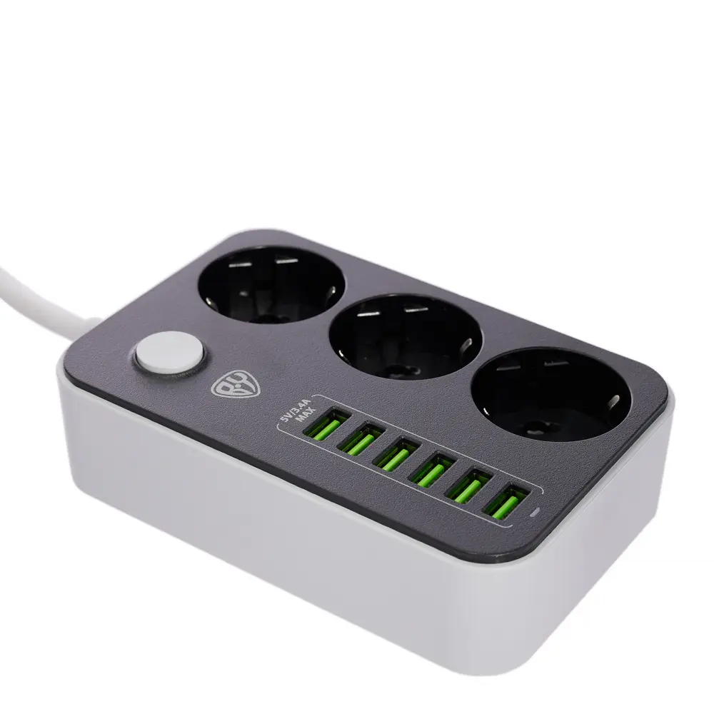 Удлинитель 3 гнезда 2м BY, 6xUSB 3.4А суммарно, 16А, 3000Вт - #4