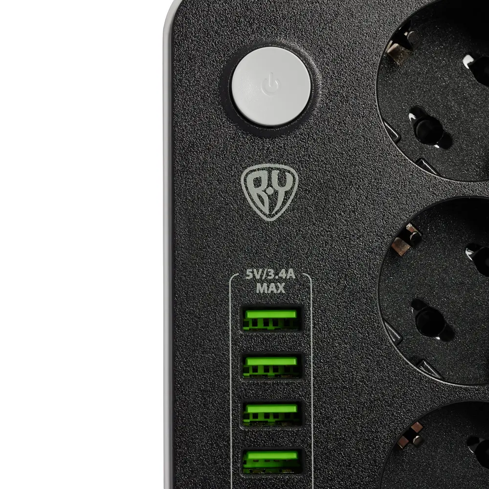 Удлинитель 3 гнезда 2м BY, 6xUSB 3.4А суммарно, 16А, 3000Вт - #5