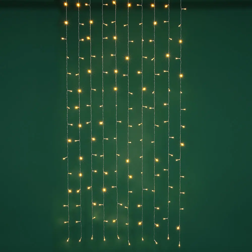 СНОУ БУМ Эл.гирлянда занавес, 1.5x1.5м, 150LED, шампань, 10 нитей, пост.свеч., ПВХ прозр., 220В - #1