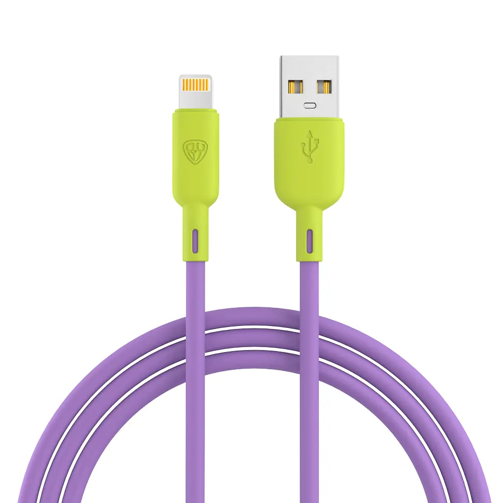 Кабель для зарядки USB(A)-iP BY Bright, 1м, Быстрая зарядка 2.4А, 12Вт, силикон, лимонно-фиолетовый - #1