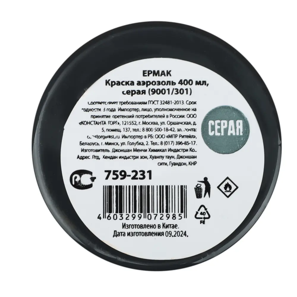 ЕРМАК Краска аэрозоль 400мл, серая (9001/301) - #4