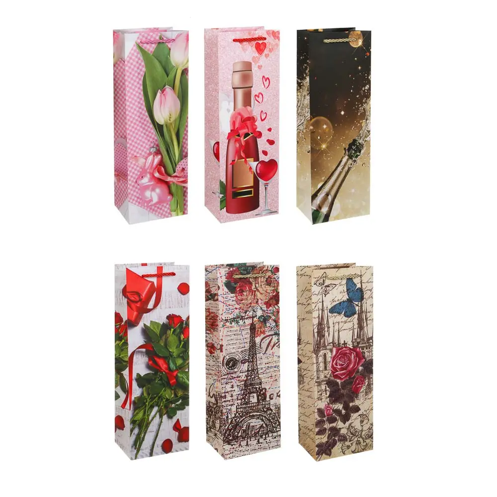 Пакет подарочный бумажный тм LADECOR, 12x9x35 см, для бутылок арт 2, 6 дизайнов - #1