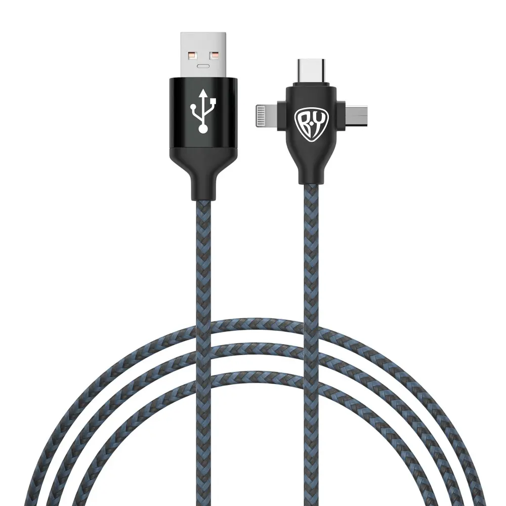 Кабель для зарядки 3в1 iP/microUSB /Type-C BY, 1м, 2А, тканевая оплетка, чёрный - #1