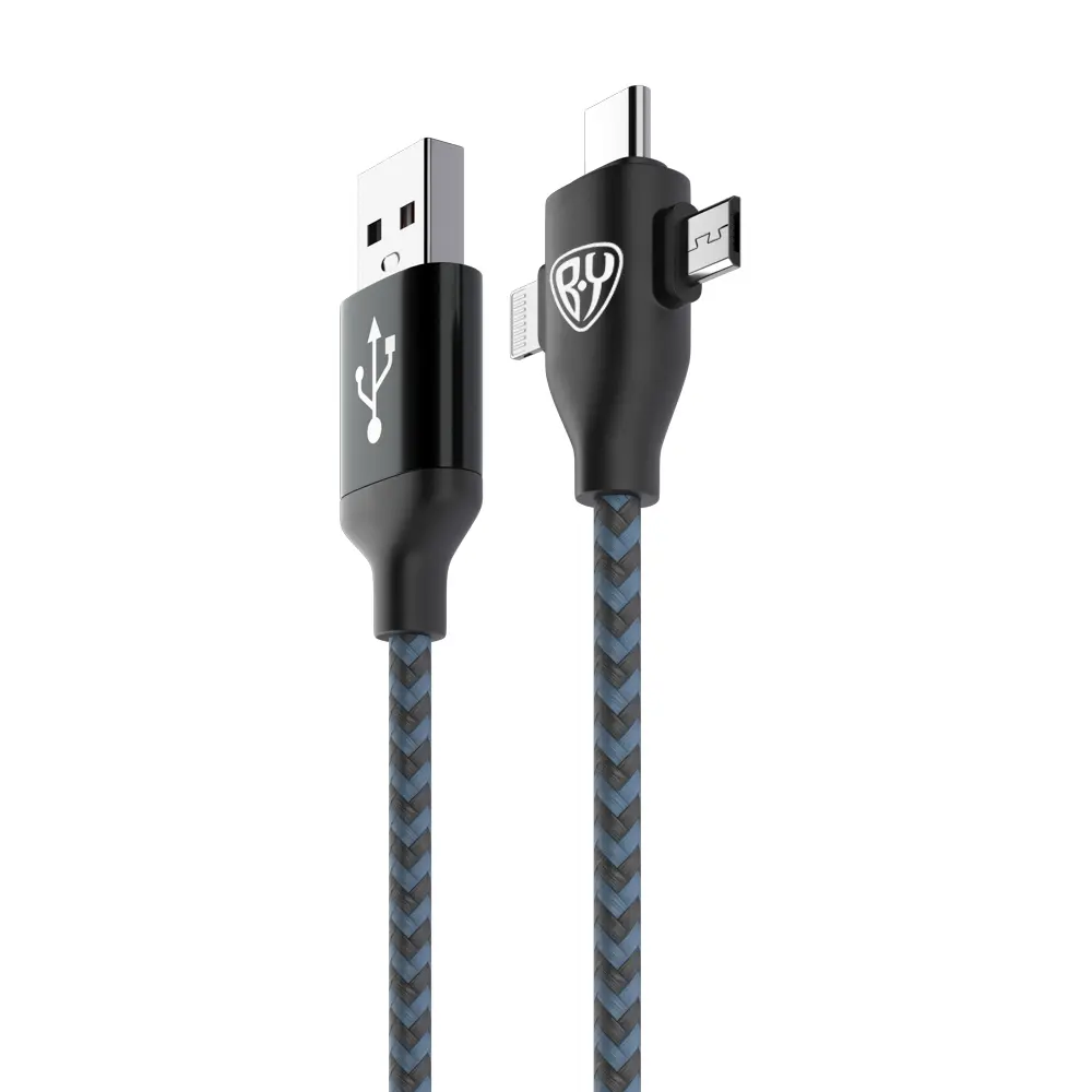 Кабель для зарядки 3в1 iP/microUSB /Type-C BY, 1м, 2А, тканевая оплетка, чёрный - #3