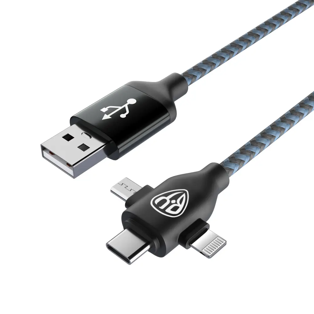 Кабель для зарядки 3в1 iP/microUSB /Type-C BY, 1м, 2А, тканевая оплетка, чёрный - #4