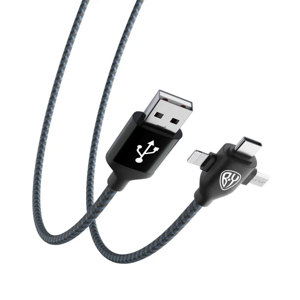 Кабель для зарядки 3в1 iP/microUSB /Type-C BY, 1м, 2А, тканевая оплетка, чёрный - #5