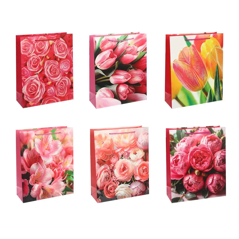 Пакет подарочный бумажный тм LADECOR, L 26x32x10 см, "Цветы" арт 1, 6 дизайнов - #1