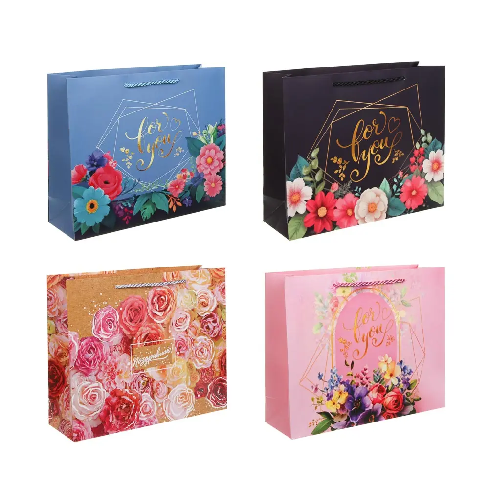 Пакет подарочный бумажный тм LADECOR L 32x26x10 см, "Цветы" арт 1, 4 дизайна - #1