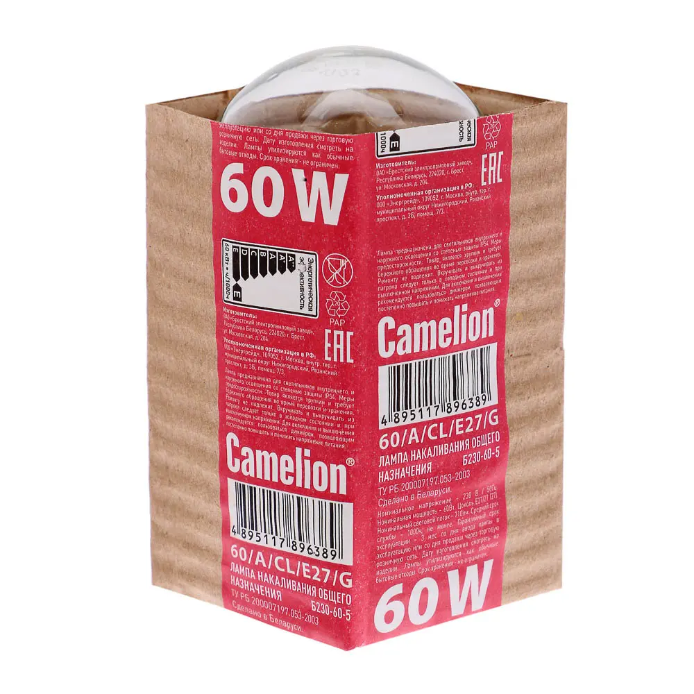 Лампа накаливания с прозрачной колбой Camelion, 60/A/CL/E27/G, ЛОН, ГОФРА, Б230-60-6 - #2