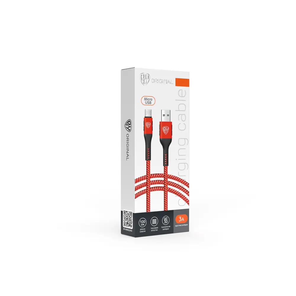 Кабель для зарядки USB(A)-microUSB BY Silky, 1м, Быстрая зарядка 3А, QC, PD 20Вт, тканевый, красный - #2