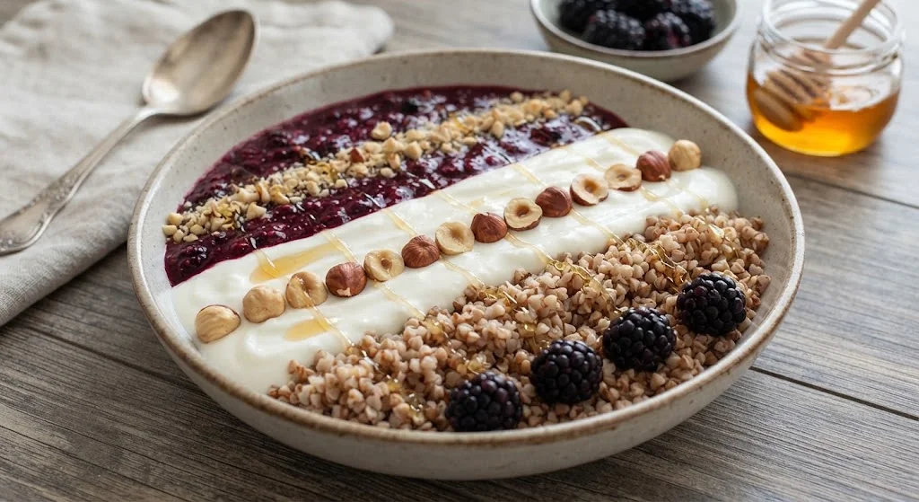 Buckwheat Bowl with Blackberries, Yogurt, Nuts and Honey