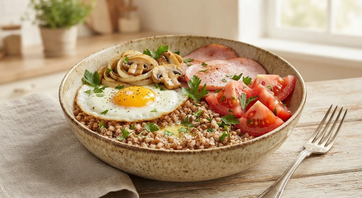 Bowl with Buckwheat, Egg, Tomato and Mushrooms