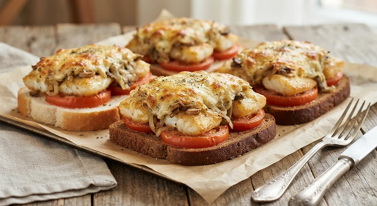 Sandwiches with fish, mushrooms, cheese, tomatoes and mayonnaise