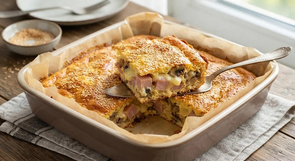 Quick jellied pie with mushrooms, cheese and ham on milk