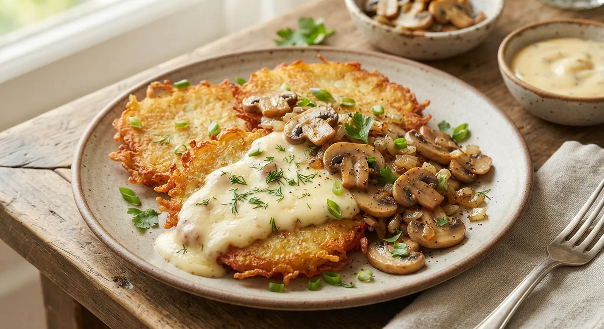 Драники с грибами и сырным соусом
