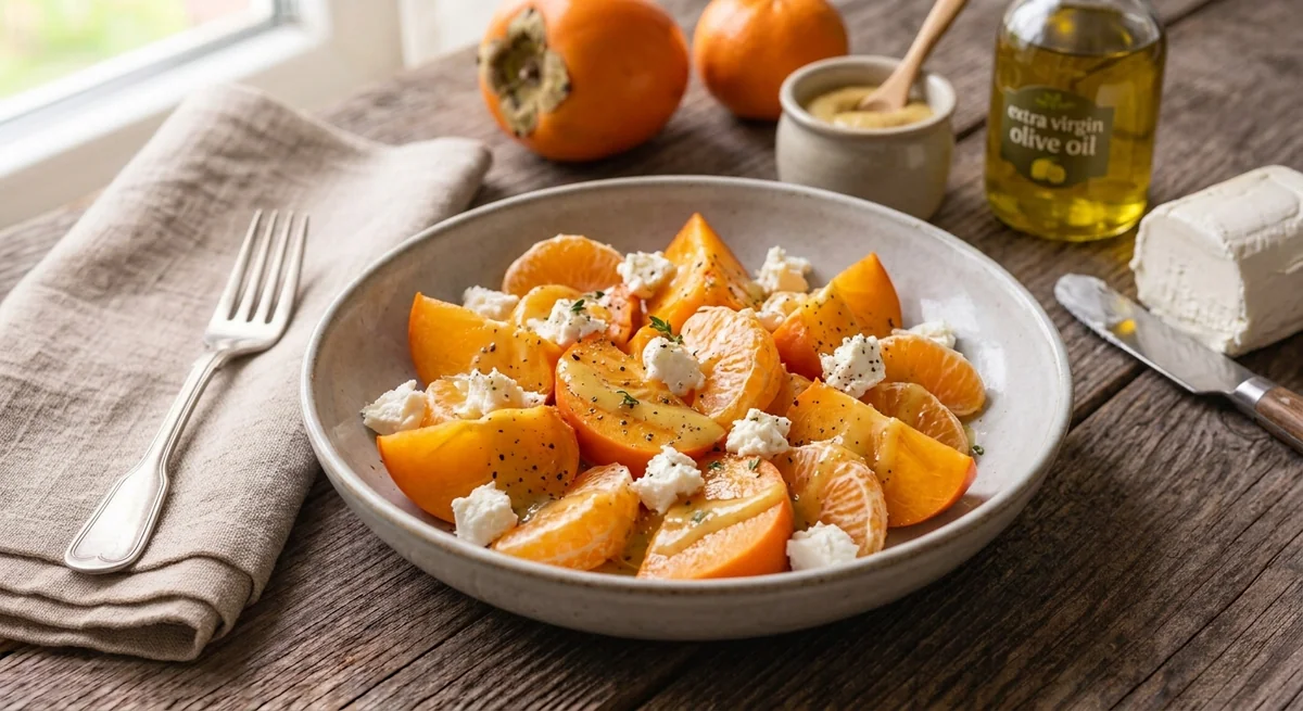 Французский салат из хурмы с козьим сыром и мандаринами