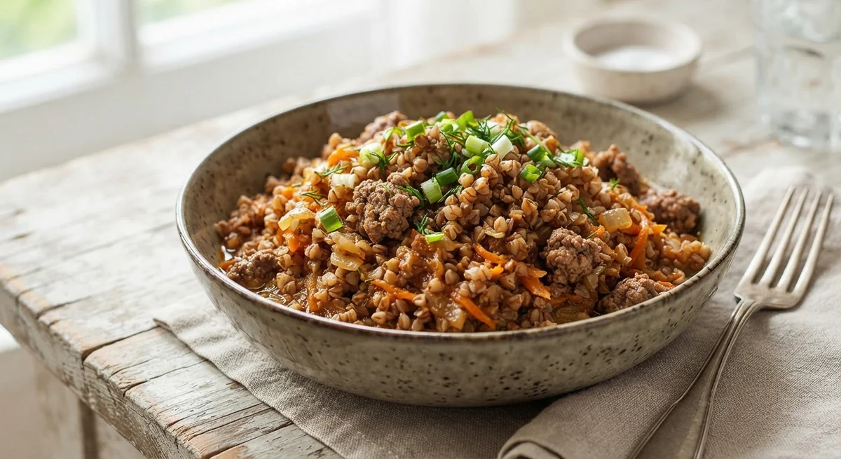 Гречневая каша с говяжьим фаршем и морковью