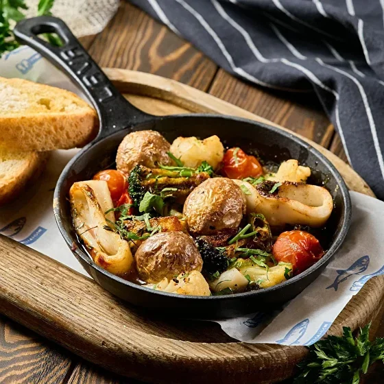 Кальмары запеченные в масле с овощами