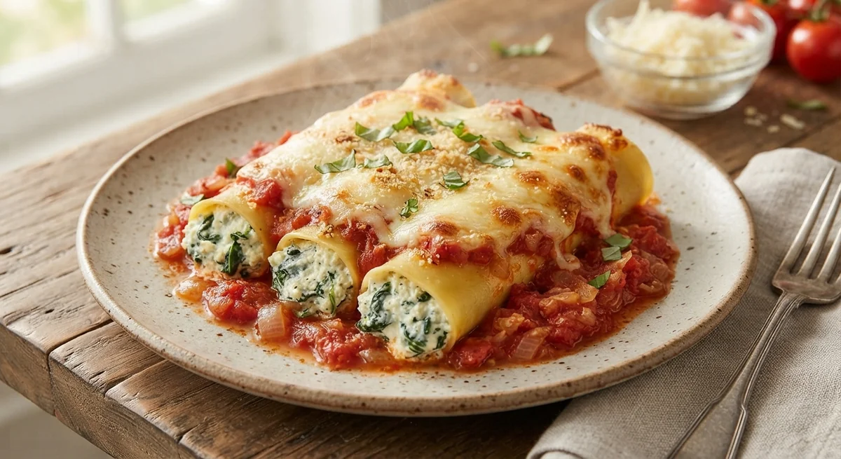 Cannelloni with Ricotta and Spinach in Tomato Sauce