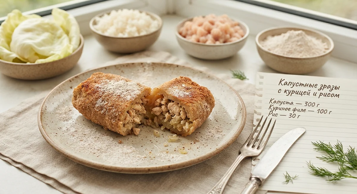 Капустные зразы с куриным филе и рисом