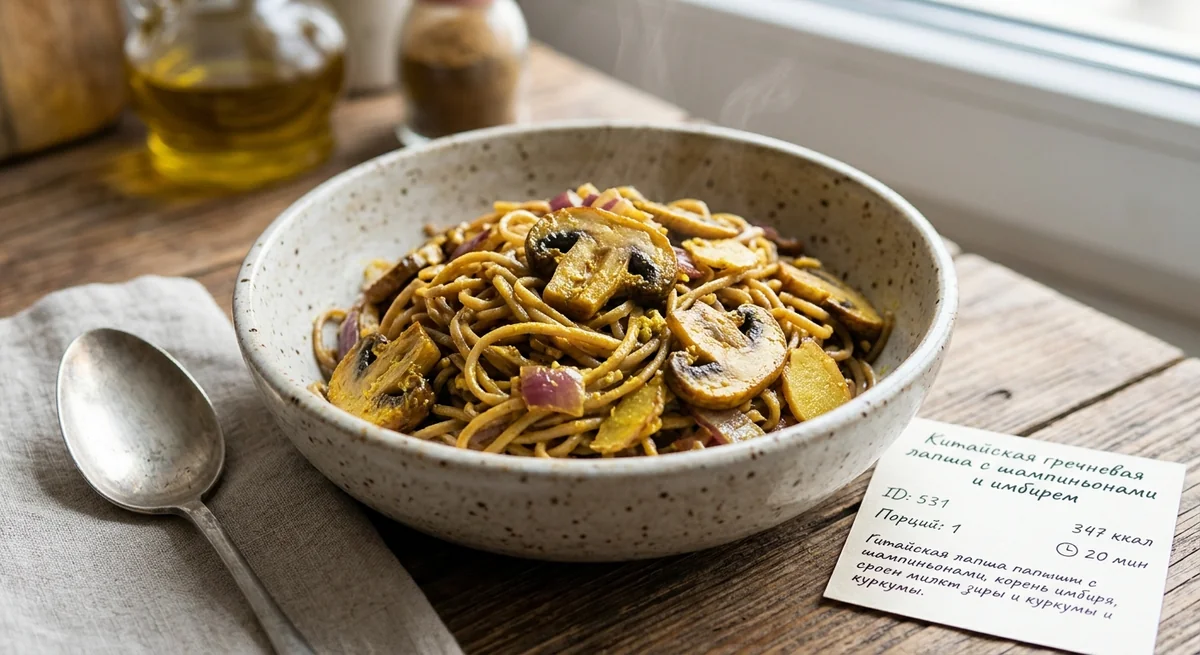Китайская гречневая лапша с шампиньонами и имбирем
