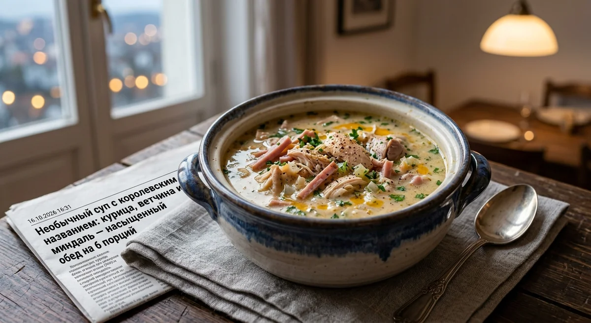 Королевский суп с курицей, ветчиной и миндалём