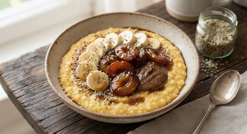 Corn porridge with milk and water, banana and caramelized plums