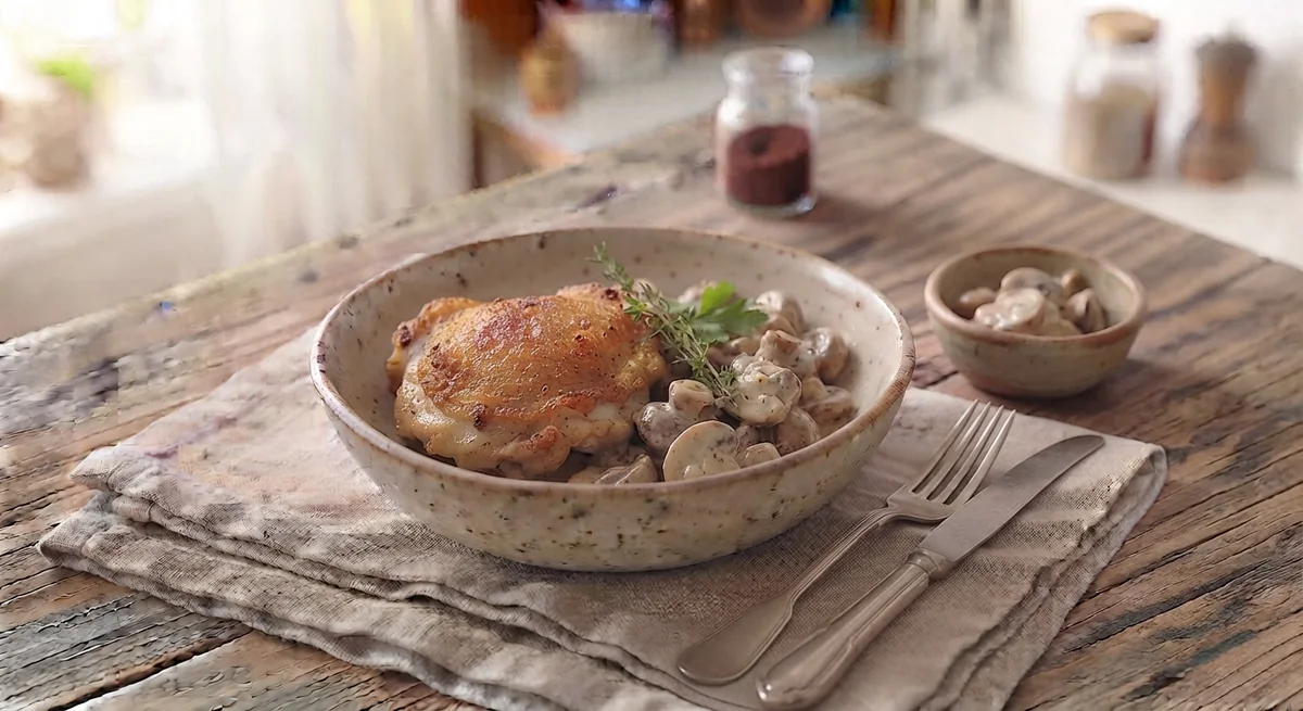 Куриные бедра с хрустящей шкуркой и грибами в сливках