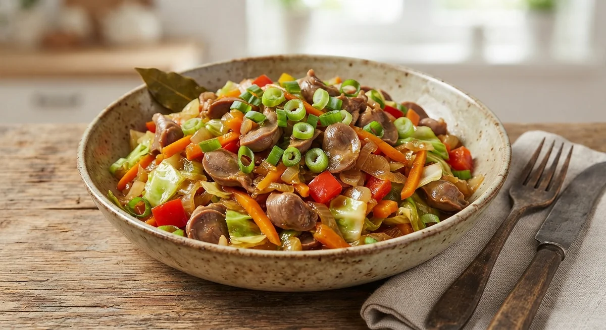 Куриные желудочки с овощами и молодой капустой