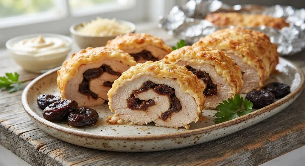 Куриный рулет с черносливом, сыром и майонезом в духовке