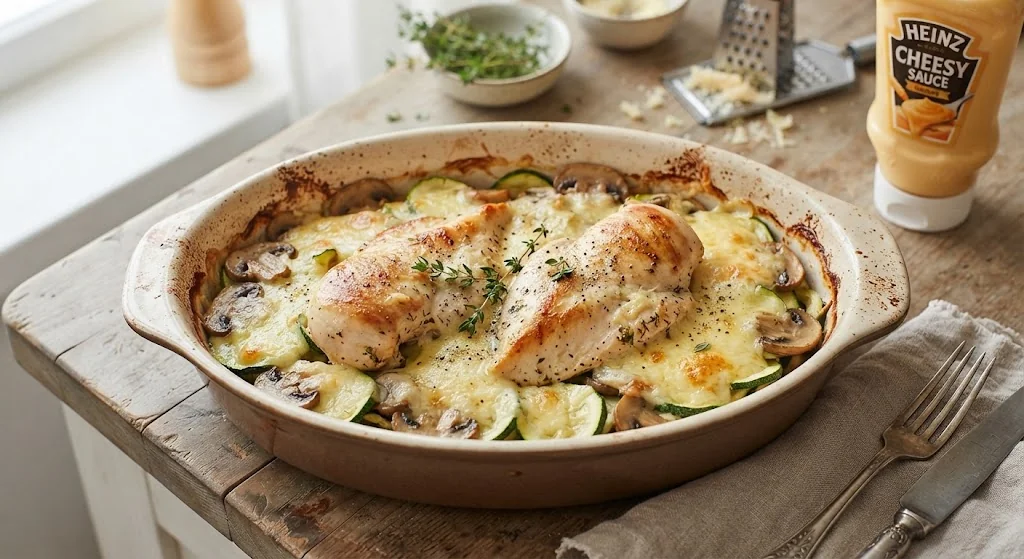 Курица с грибами и кабачками под сыром