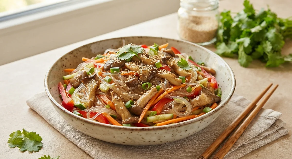 Лапша фунчоза с грибами вешенками и овощами