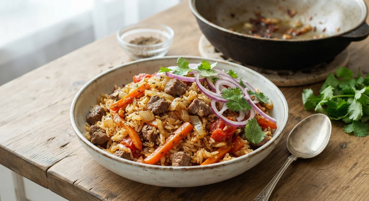 Lazy Beef Neck Plov with Tomatoes