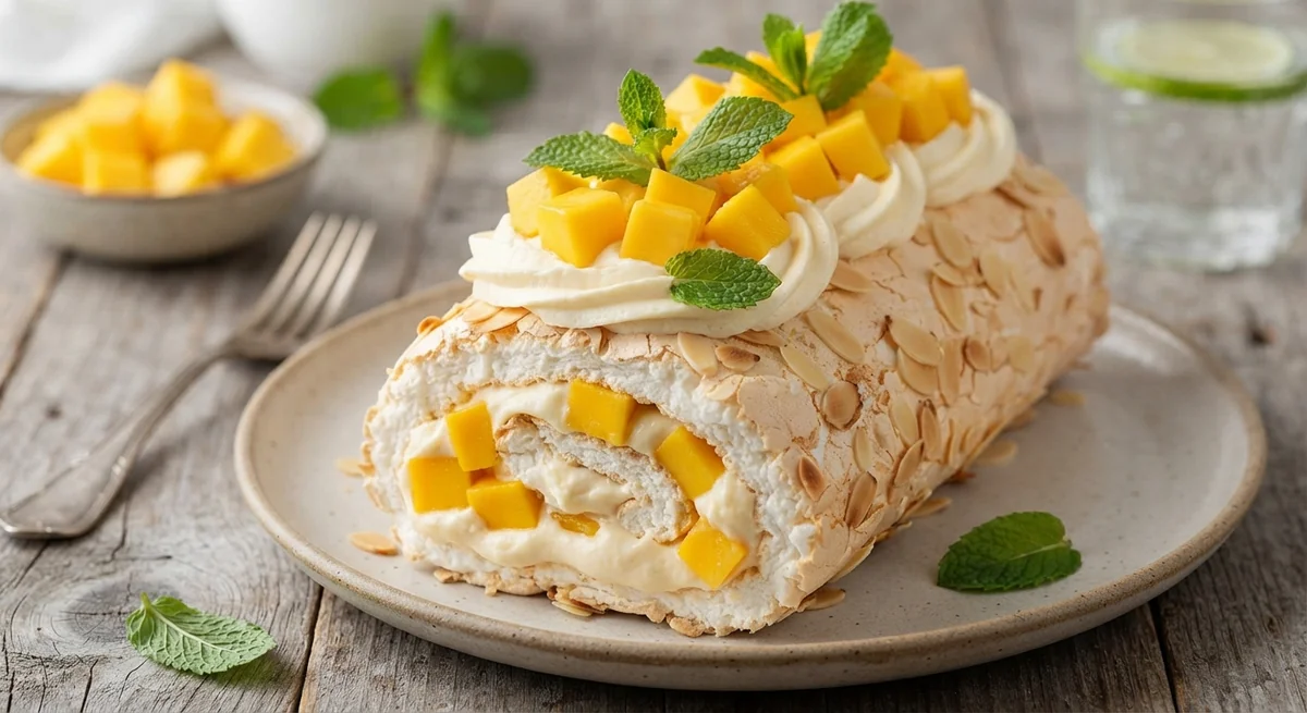 Меренговый рулет с манго и мятой