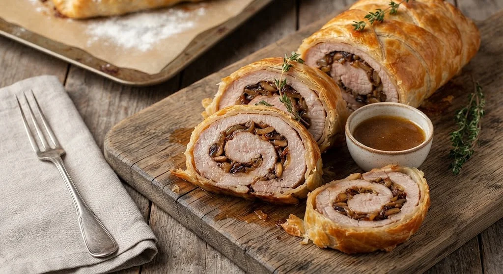 Мясной рулет из свинины и грибов шампиньонов