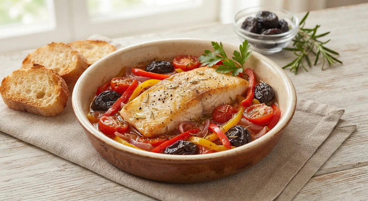 Sea Bass in Marinated Tomatoes with Prunes