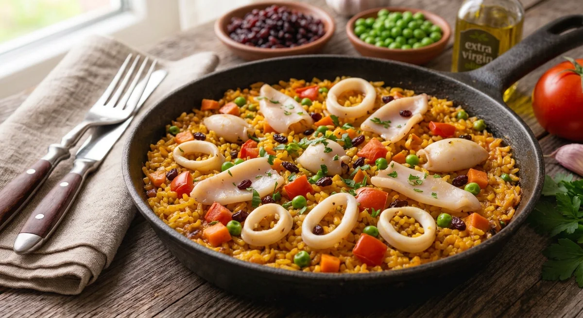 Паэлья с кальмарами и горошком