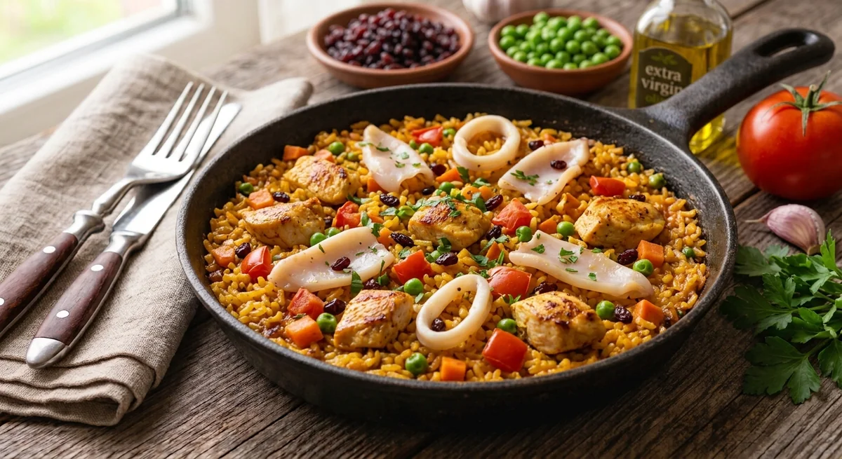 Паэлья с курицей и кальмарами