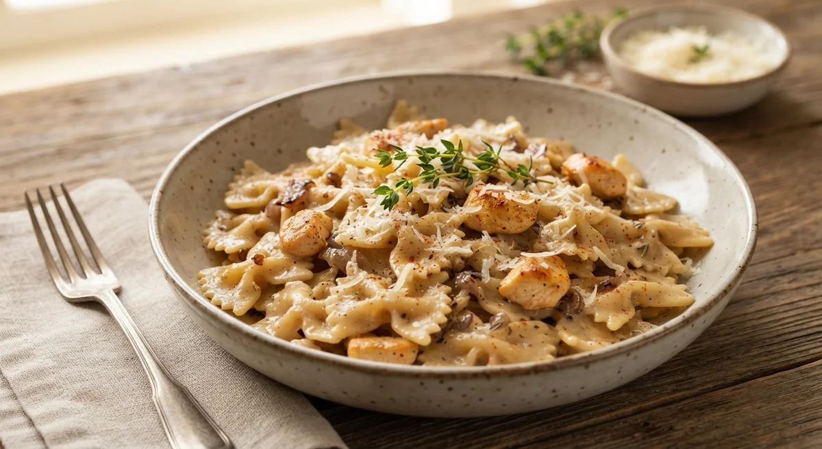 Паста с луковым соусом и курицей