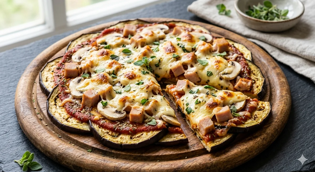 Пицца из баклажанов с копченой грудкой индейки и грибами